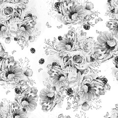 Watercolor tender floral seamless pattern with peony flowers and herbs.