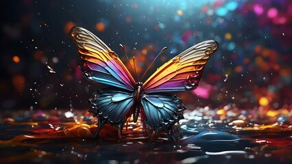 Butterfly on top of background, multicolor chrome, creative colorful sign made of water drops and...