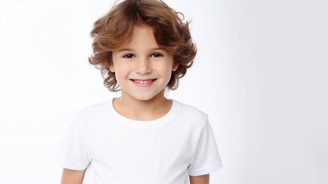 Smiling boy in a white T-shirt on a white background mockup. Childhood lifestyle concept. Mockup copy space