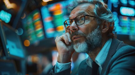 Middle-aged professional trader working on the stock exchange Male stylist communicates orders and sales over the phone. and show hand signals to speculate with brokers