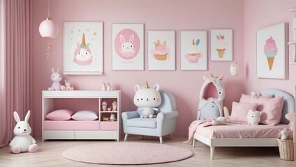 bedroom interior for a kid with a baby pink color