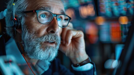 Middle-aged professional trader working on the stock exchange Male stylist communicates orders and sales over the phone. and show hand signals to speculate with brokers