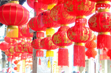 The traditional Chinese red lanterns hanging for the Lunar New Year.Year of the Dragon.