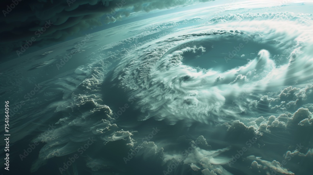 Poster extremely close-up of a hurricane with bumpy fractal clouds. low angle.