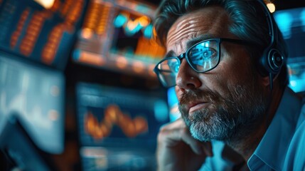 Middle-aged professional trader working on the stock exchange Male stylist communicates orders and sales over the phone. and show hand signals to speculate with brokers