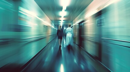 Doctor and patient in a hospital interior or clinic corridor, depicted in motion blur.