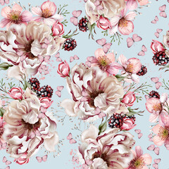 Watercolor tender floral seamless pattern with peony flowers and herbs.