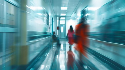 Doctor and patient in a hospital interior or clinic corridor, depicted in motion blur.