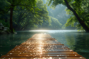Wooden Dock in the Middle of a River