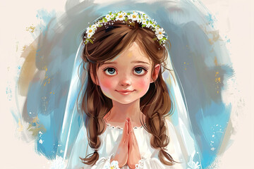 beautiful cartoon little girl dressed for first communion