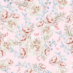 Watercolor tender floral seamless pattern with peony flowers and herbs. - 754164600