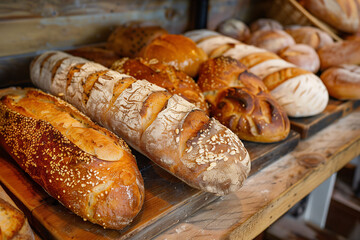 Assorted bread loaves and rolls displayed on wooden bakery shelf