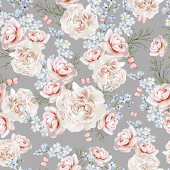Watercolor tender floral seamless pattern with peony flowers and herbs. - 754164654