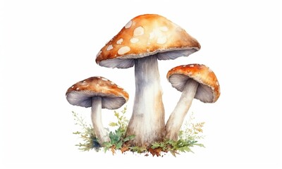 watercolor drawing of fly agaric mushrooms with grass isolated on white background
