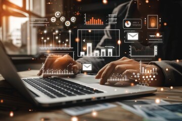 Businessperson working on a laptop with digital marketing and analytics icons.
