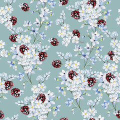 Watercolor tender floral seamless pattern with blue flowers and berries.