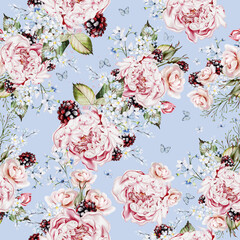 Watercolor tender floral seamless pattern with peony flowers and blue herbs, berries.