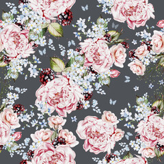 Watercolor tender floral seamless pattern with peony flowers and blue herbs, berries. - 754165014