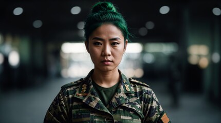 A resolute lady in army attire poses firmly with blurred scenery 