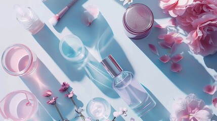 A tranquil beauty scene with skincare products and soft pink floral elements, bathed in sunlight.