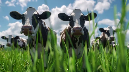 Fotobehang A row of cows eats grass. Hyper-realistic. © klss777