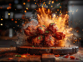 Delicious Nashville hot chicken photography, explosion flavors, studio lighting, studio background, well-lit, vibrant colors, sharp-focus, high-quality, artistic, unique
