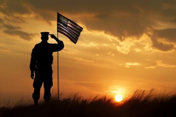 Silhouette of a military person saluting the American flag at sunset. - obrazy, fototapety, plakaty