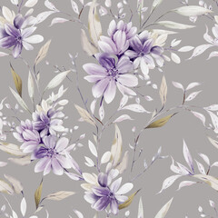 Watercolor pattern with the purple flowers and wild herbs. - 754165278