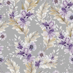 Watercolor pattern with the different purple  flowers and wild herbs. - 754165454