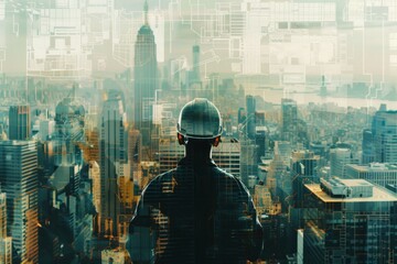 Fototapeta na wymiar Rear view of a man in a hard hat looking out over a cityscape superimposed with architectural blueprints.