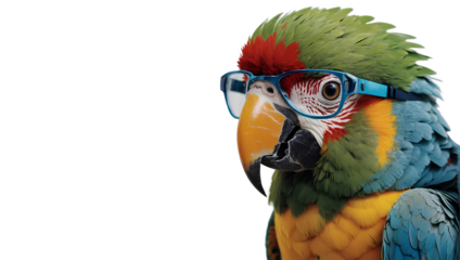 Beautiful parrot wearing plastic glasses isolated on transparent background. birds