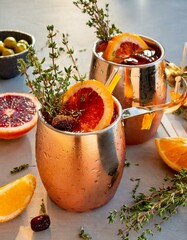 Mule and Mediterranean: Moscow Mule infused with Mediterranean flavors by incorporating ingredients like blood orange and thyme, garnished with citrus twists and olive skewers