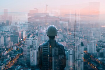 Rear view of a man in a hard hat looking out over a cityscape superimposed with architectural blueprints. - obrazy, fototapety, plakaty