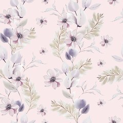 Watercolor pattern with the purple, pink  flowers and wild herbs. - 754165896