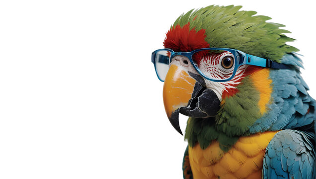Beautiful parrot wearing plastic glasses isolated on transparent background. birds