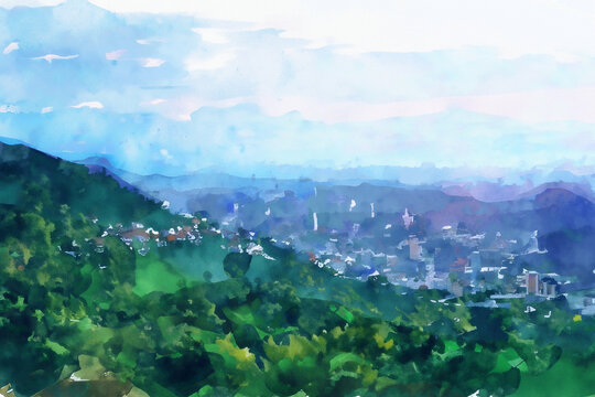 風景_山と街(AI生成：撮影した写真を水彩風に加工)