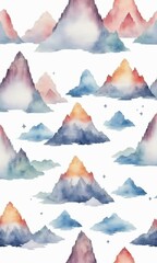 Watercolor mountains and clouds pattern. Hand drawn illustration.