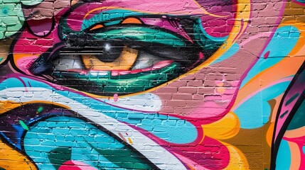 a colorful wall with a painting of an eye - obrazy, fototapety, plakaty