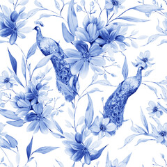 Watercolor pattern with the purple  flowers and wild herbs, peacock bird. - 754166082
