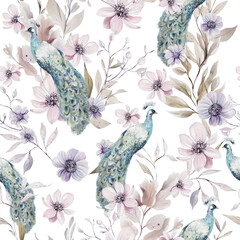 Watercolor pattern with the different purple flowers and wild herbs, peacock bird.