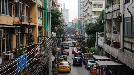 Urban Streetscape with Tangled Wires in Bangkok, Busy street view in Bangkok showcasing tangled...