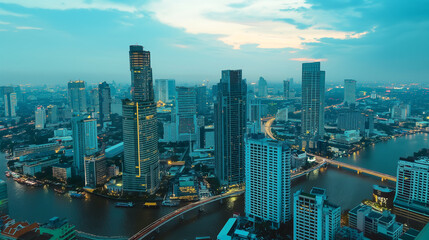Bangkok City Lights at Twilight, A twilight view of Bangkok's illuminated skyline with vivid skies and the bustling city below