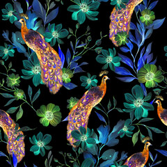 Watercolor pattern with the different purple flowers and wild herbs, peacock bird. - 754166292