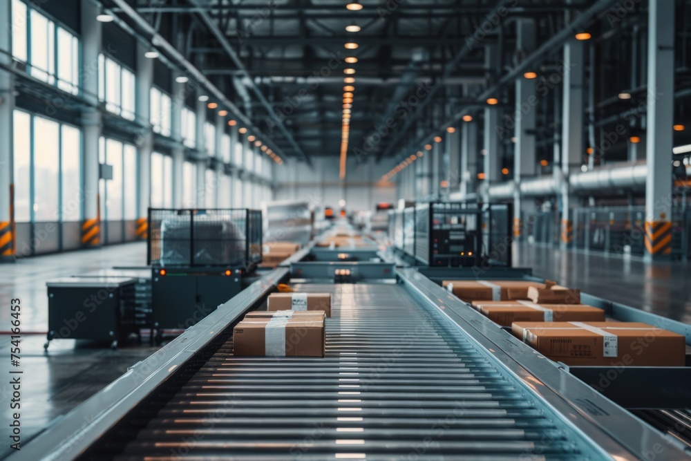 Poster automated logistics center with parcels and robotic sorting systems
