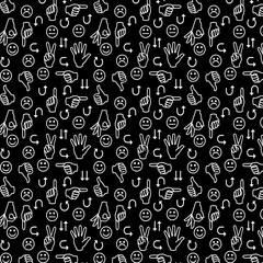 Abstract pattern. Smileys, hands, arrows. Seamless pattern, white outline on a black background. Vector illustration Flyer background design, advertising background, fabric, clothing, texture, textile