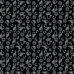 Abstract pattern. Smileys, hands, arrows. Seamless pattern, white outline on a black background. illustration Flyer background design, advertising background, fabric, clothing, texture, textile