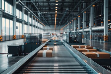 Fototapeta premium Automated logistics center with parcels and robotic sorting systems