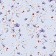 Watercolor pattern with the purple, pink  flowers and wild herbs.
