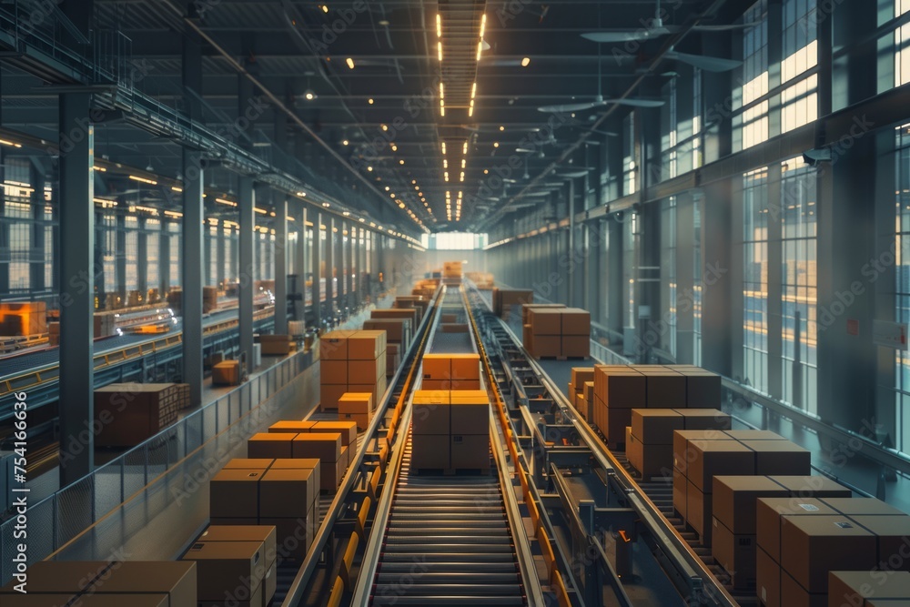 Poster automated logistics center with parcels and robotic sorting systems