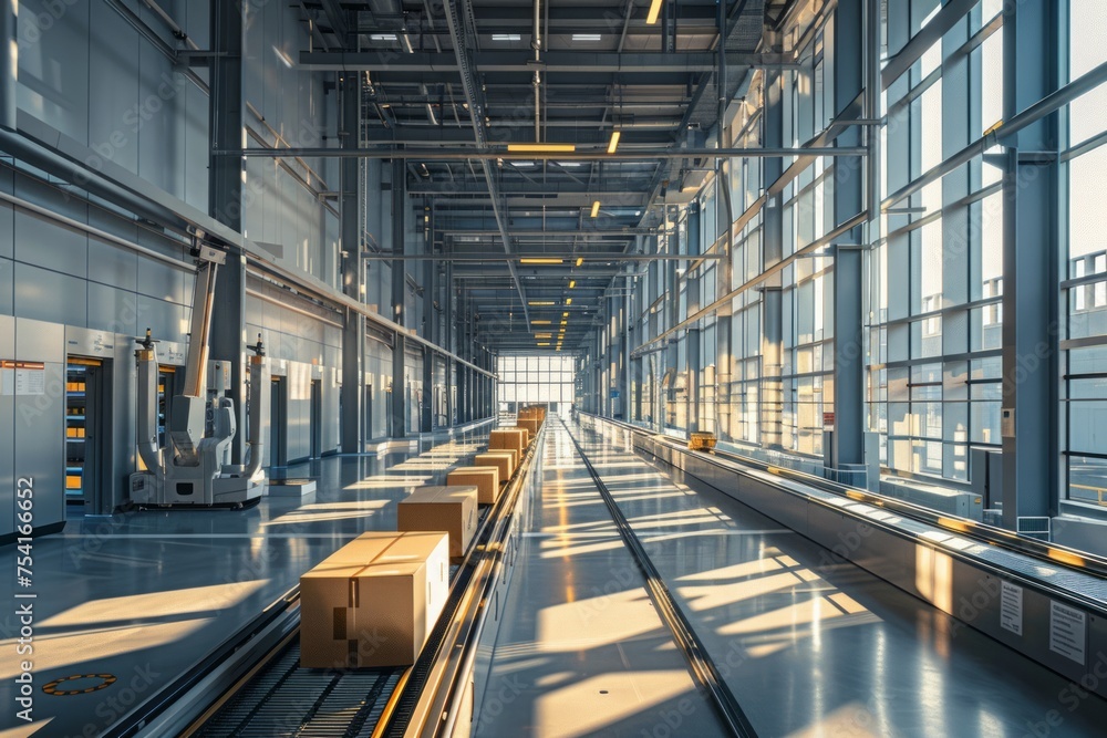 Poster automated logistics center with parcels and robotic sorting systems